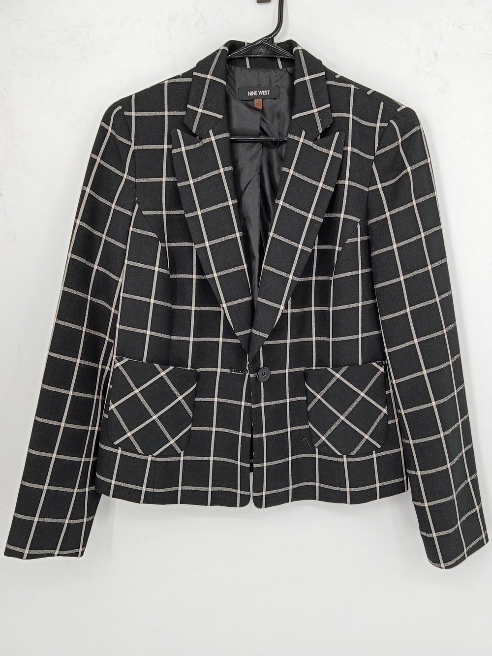 Nine West Black Windowpane Single-Button Blazer with White Grid Size 6 Small Y2k